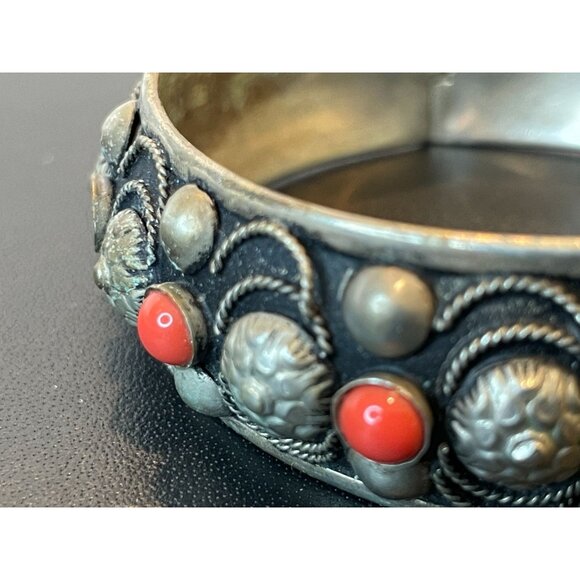 Silvertone Hinged Bangle Bracelet With Red Glass Stones - Missing Stones - Picture 8 of 11